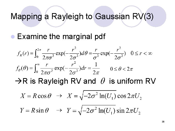 Mapping a Rayleigh to Gaussian RV(3) l Examine the marginal pdf R is Rayleigh