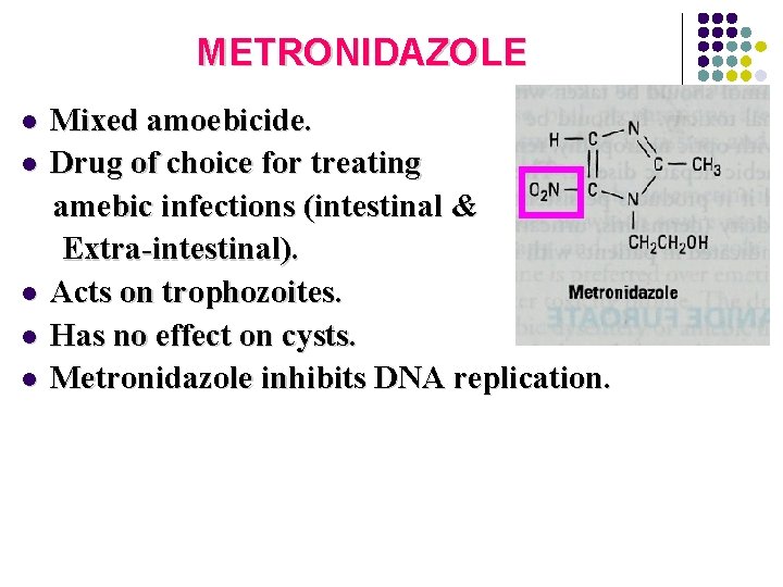 METRONIDAZOLE l l l Mixed amoebicide. Drug of choice for treating amebic infections (intestinal