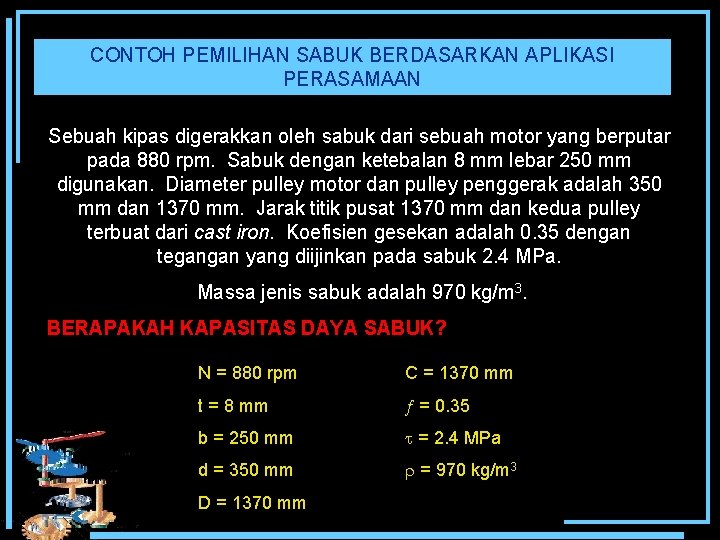 CONTOH PEMILIHAN SABUK BERDASARKAN APLIKASI PERASAMAAN Sebuah kipas digerakkan oleh sabuk dari sebuah motor
