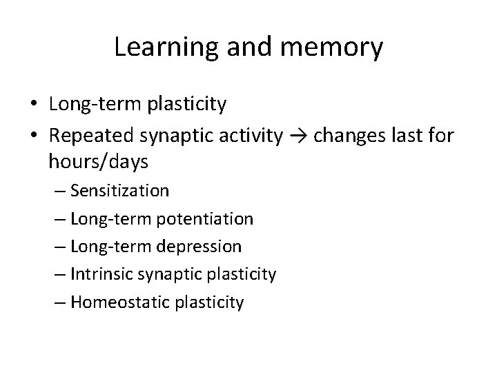 Learning and memory • Long-term plasticity • Repeated synaptic activity → changes last for