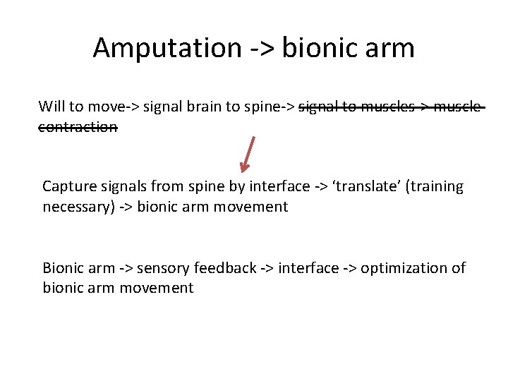 Amputation -> bionic arm Will to move-> signal brain to spine-> signal to muscles->