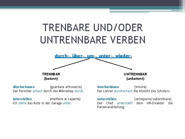 TRENBARE UND/ODER UNTRENNBARE VERBEN durch-, über-, um-, unter-, wieder- TRENNBAR (betont) UNTRENNBAR (unbetont) dùrchschauen