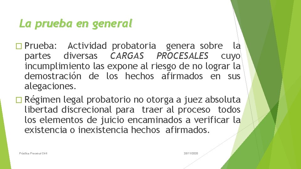 La prueba en general � Prueba: Actividad probatoria genera sobre la partes diversas CARGAS