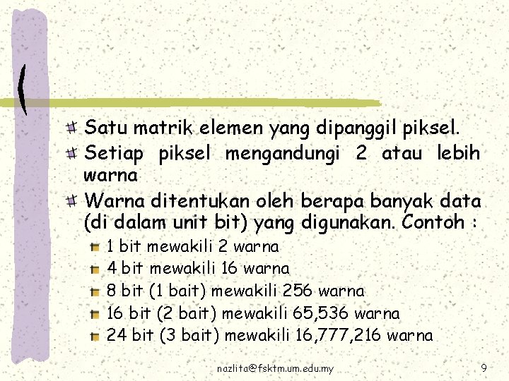 Satu matrik elemen yang dipanggil piksel. Setiap piksel mengandungi 2 atau lebih warna Warna