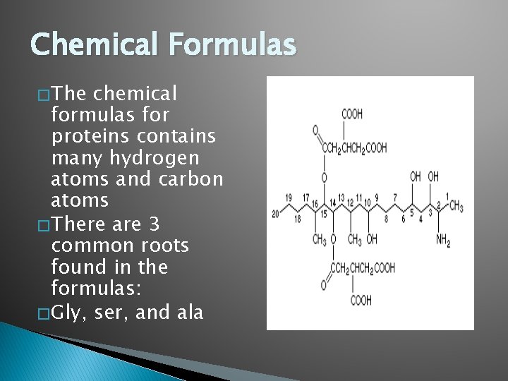 Chemical Formulas � The chemical formulas for proteins contains many hydrogen atoms and carbon