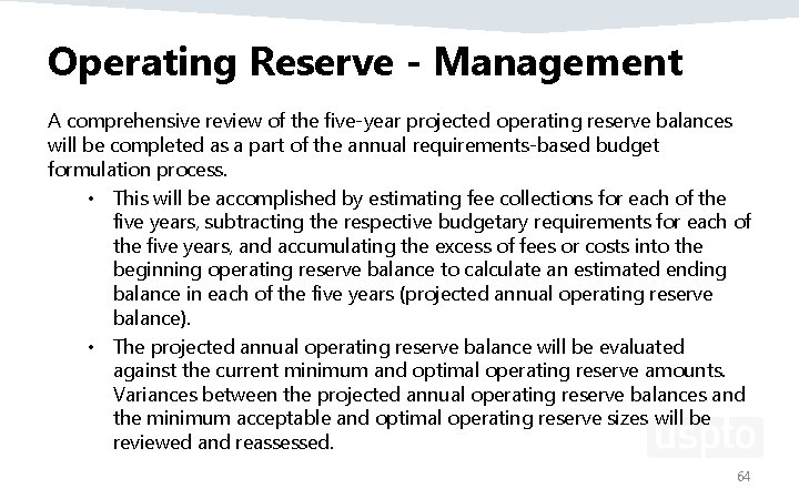 Operating Reserve - Management A comprehensive review of the five‐year projected operating reserve balances