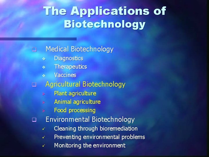 The Applications of Biotechnology Medical Biotechnology q v v v Diagnostics Therapeutics Vaccines Agricultural