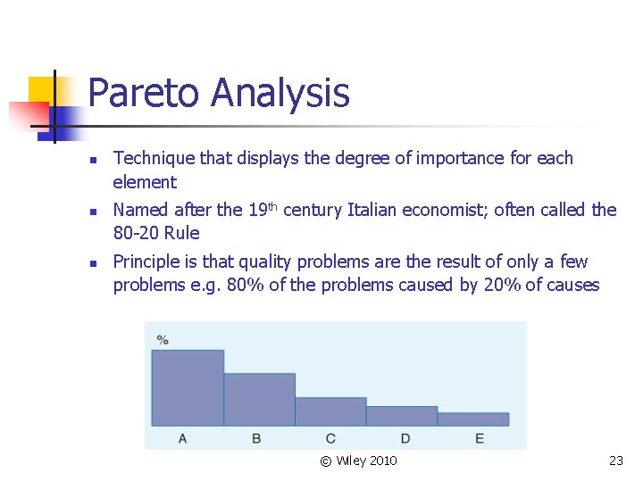 Pareto Analysis n n n Technique that displays the degree of importance for each