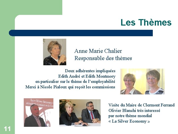Les Thèmes Anne Marie Chalier Responsable des thèmes Deux adhérentes impliquées Edith André et