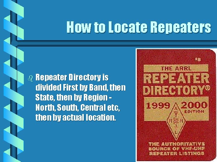 How to Locate Repeaters b Repeater Directory is divided First by Band, then State,