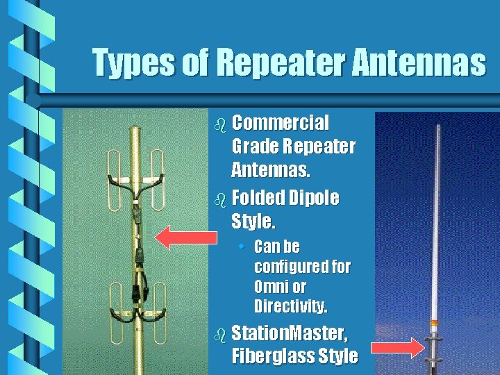 Types of Repeater Antennas b Commercial Grade Repeater Antennas. b Folded Dipole Style. •