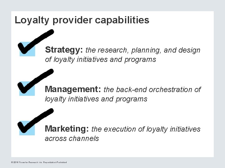Loyalty provider capabilities Strategy: the research, planning, and design of loyalty initiatives and programs