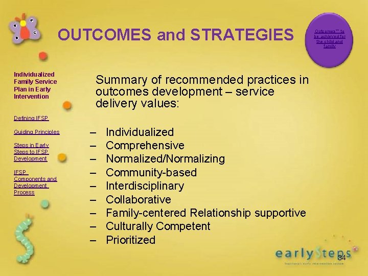 OUTCOMES and STRATEGIES Individualized Family Service Plan in Early Intervention Outcomes** to be achieved