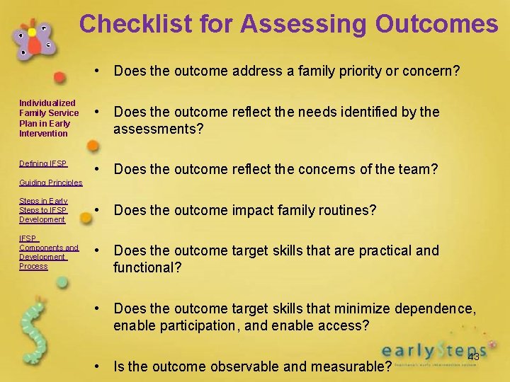 Checklist for Assessing Outcomes • Does the outcome address a family priority or concern?