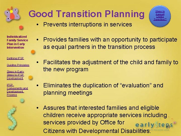 Good Transition Planning Steps to Support Child’s Transition** • Prevents interruptions in services Individualized