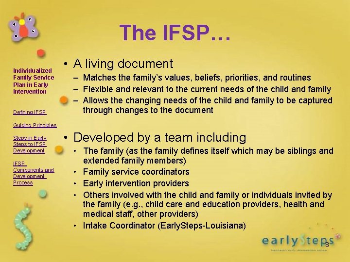 The IFSP… Individualized Family Service Plan in Early Intervention Defining IFSP • A living