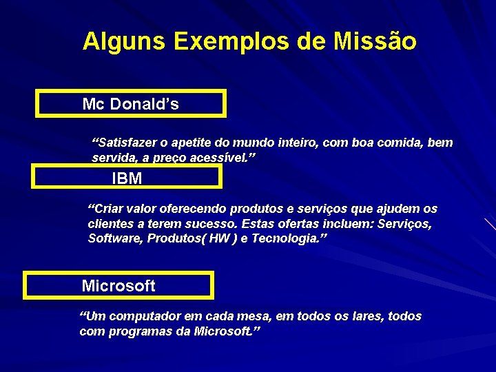 Alguns Exemplos de Missão Mc Donald’s “Satisfazer o apetite do mundo inteiro, com boa