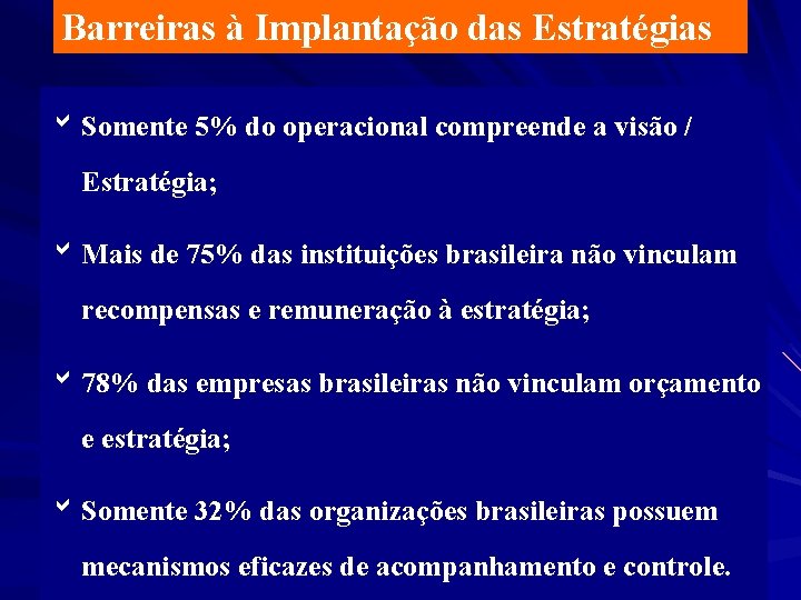 Barreiras à Implantação das Estratégias b Somente 5% do operacional compreende a visão /