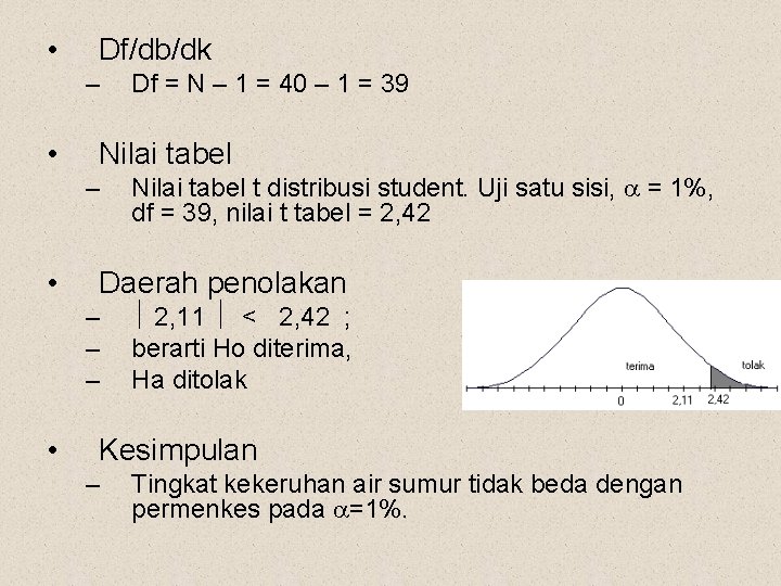  • Df/db/dk – • Nilai tabel t distribusi student. Uji satu sisi, =