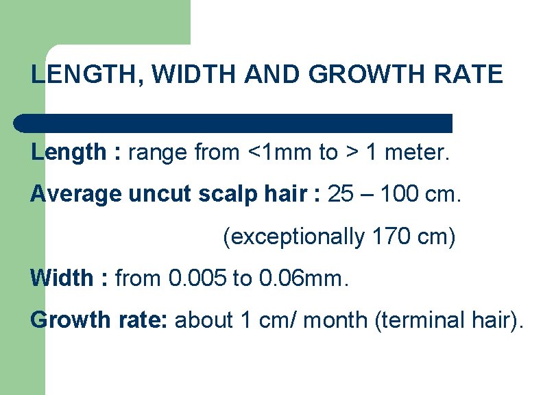 LENGTH, WIDTH AND GROWTH RATE Length : range from <1 mm to > 1