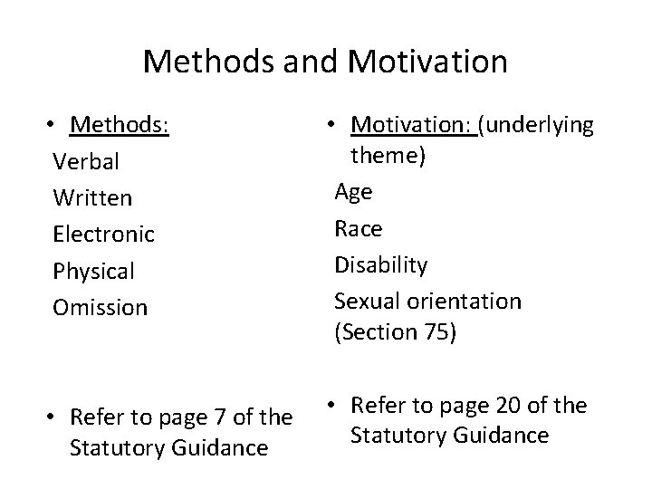 Methods and Motivation • Methods: Verbal Written Electronic Physical Omission • Motivation: (underlying theme)