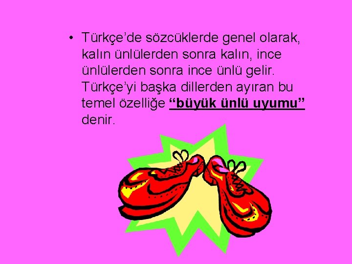  • Türkçe’de sözcüklerde genel olarak, kalın ünlülerden sonra kalın, ince ünlülerden sonra ince