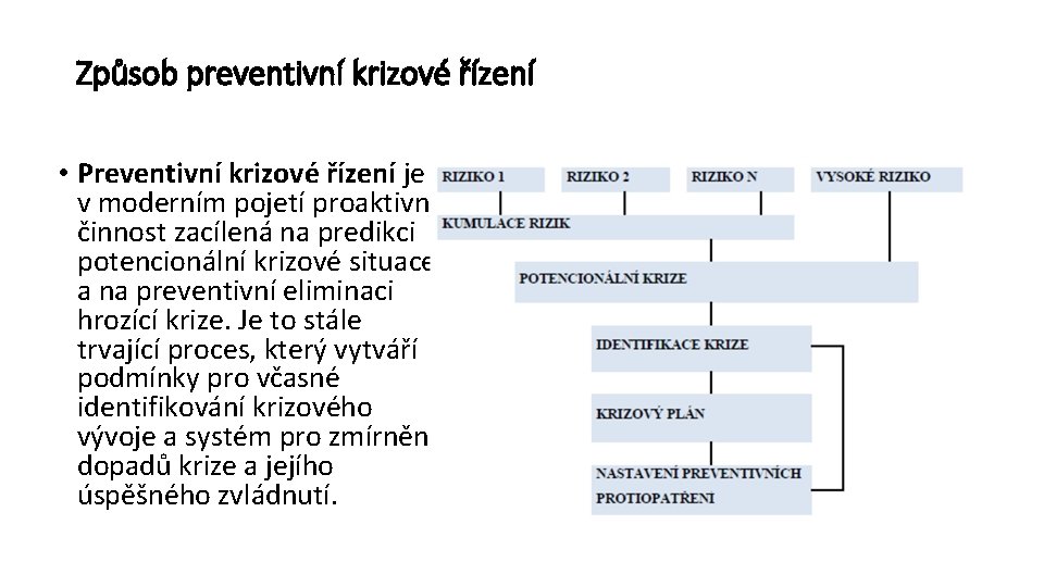 Způsob preventivní krizové řízení • Preventivní krizové řízení je v moderním pojetí proaktivní činnost