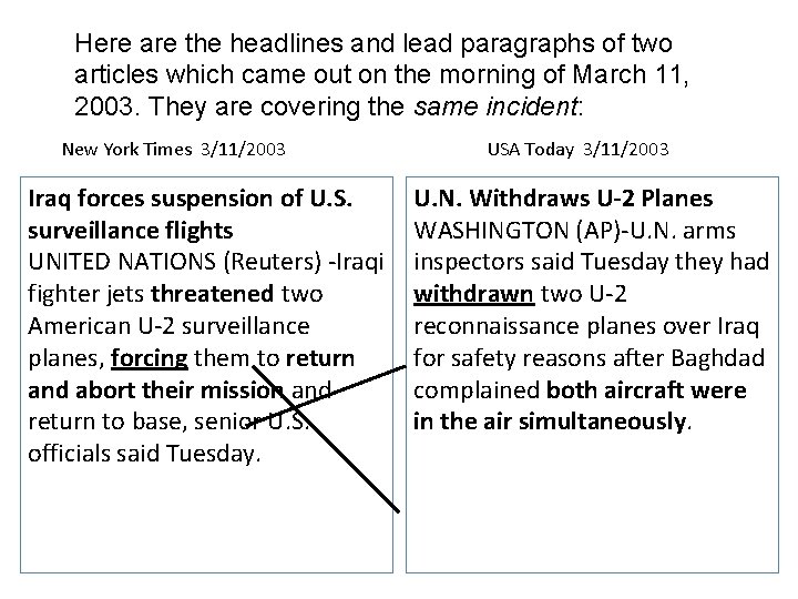 Here are the headlines and lead paragraphs of two articles which came out on