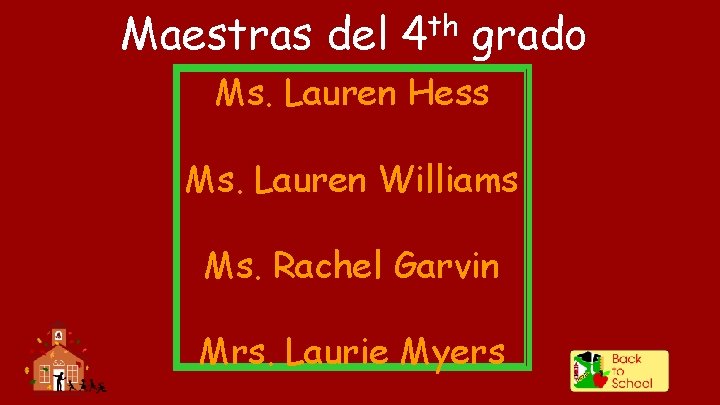 Maestras del th 4 grado Ms. Lauren Hess Ms. Lauren Williams Ms. Rachel Garvin