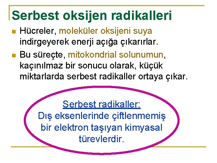 Serbest oksijen radikalleri n n Hücreler, moleküler oksijeni suya indirgeyerek enerji açığa çıkarırlar. Bu