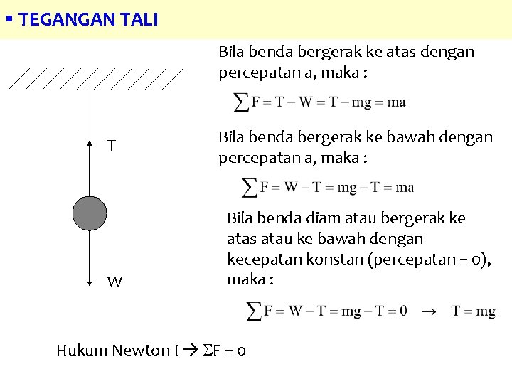 § TEGANGAN TALI Bila benda bergerak ke atas dengan percepatan a, maka : T