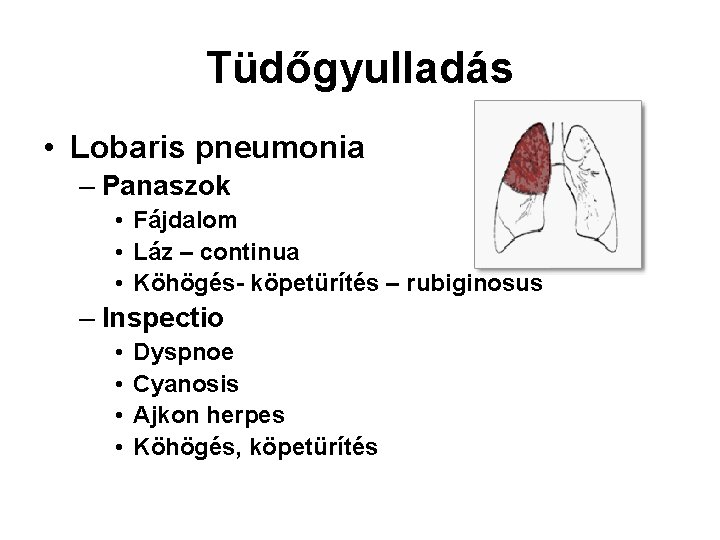 Tüdőgyulladás • Lobaris pneumonia – Panaszok • Fájdalom • Láz – continua • Köhögés-