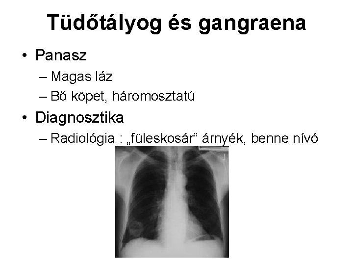 Tüdőtályog és gangraena • Panasz – Magas láz – Bő köpet, háromosztatú • Diagnosztika Tüdőtályog és gangraena • Panasz – Magas láz – Bő köpet, háromosztatú • Diagnosztika