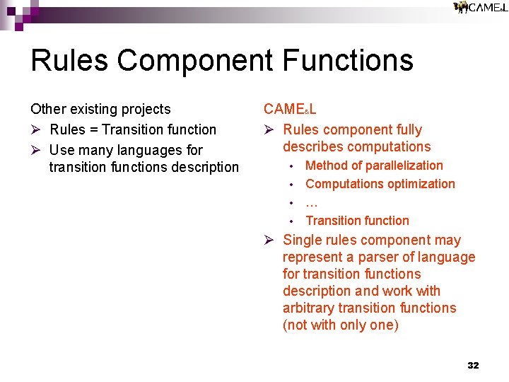 Rules Component Functions Other existing projects Ø Rules = Transition function Ø Use many Rules Component Functions Other existing projects Ø Rules = Transition function Ø Use many