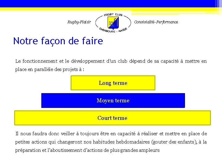 Rugby-Plaisir Convivialité- Performance Notre façon de faire Le fonctionnement et le développement d’un club