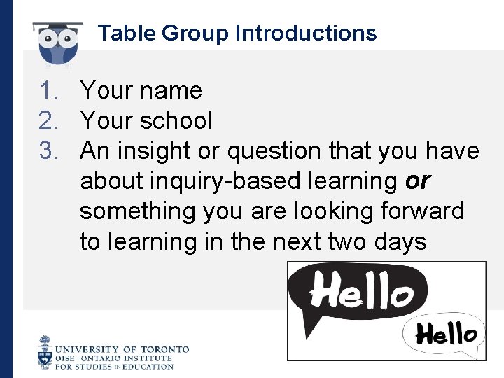 Table Group Introductions 1. Your name 2. Your school 3. An insight or question