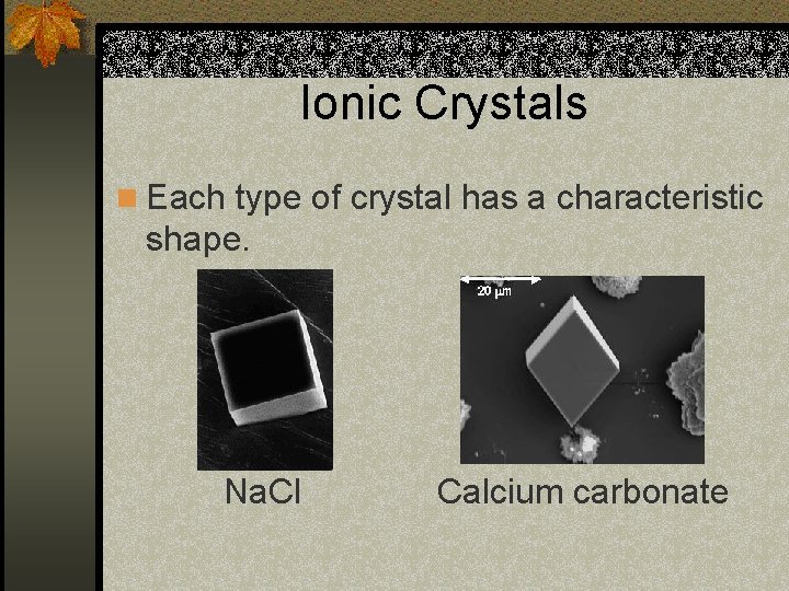 Ionic Crystals n Each type of crystal has a characteristic shape. Na. Cl Calcium