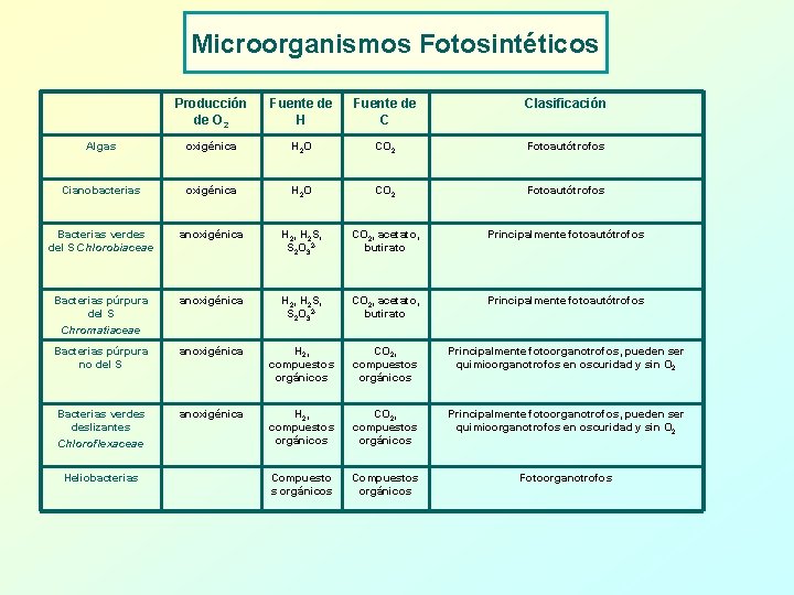Microorganismos Fotosintéticos Producción de O 2 Fuente de H Fuente de C Clasificación Algas