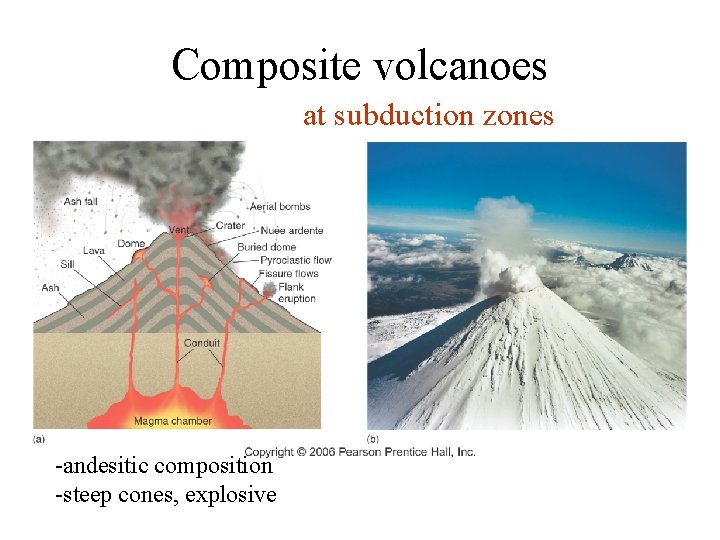 Composite volcanoes at subduction zones -andesitic composition -steep cones, explosive 
