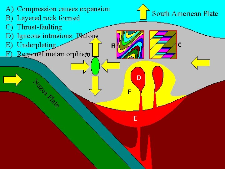 A) B) C) D) E) F) Compression causes expansion Layered rock formed Thrust-faulting Igneous