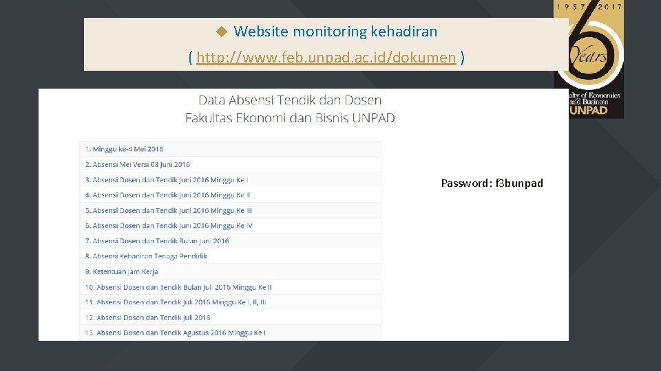  Website monitoring kehadiran ( http: //www. feb. unpad. ac. id/dokumen ) Password: f