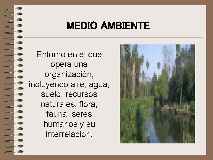 MEDIO AMBIENTE Entorno en el que opera una organización, incluyendo aire, agua, suelo, recursos