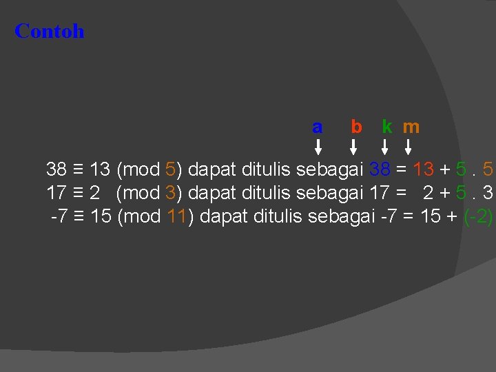 Contoh a b k m 38 ≡ 13 (mod 5) dapat ditulis sebagai 38