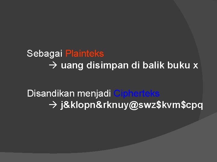 Sebagai Plainteks uang disimpan di balik buku x Disandikan menjadi Cipherteks j&klopn&rknuy@swz$kvm$cpq 