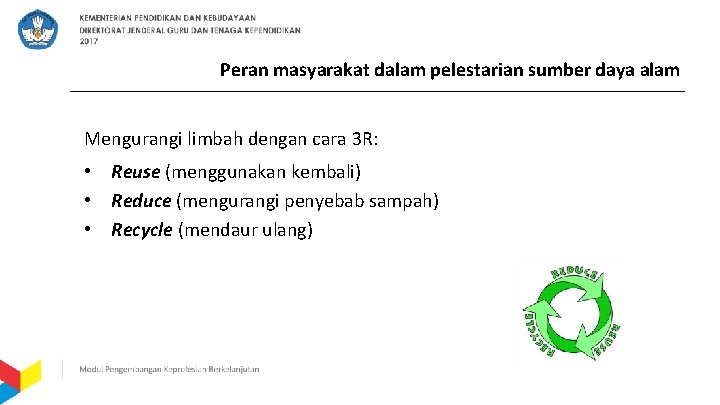 Peran masyarakat dalam pelestarian sumber daya alam Mengurangi limbah dengan cara 3 R: •