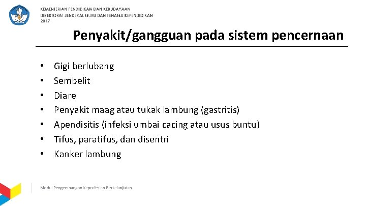 Penyakit/gangguan pada sistem pencernaan • • Gigi berlubang Sembelit Diare Penyakit maag atau tukak