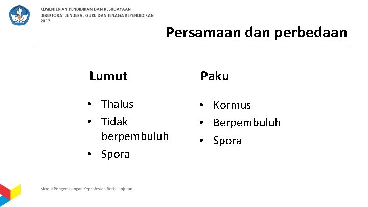 Persamaan dan perbedaan Lumut Paku • Thalus • Tidak berpembuluh • Spora • Kormus