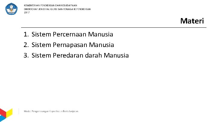 Materi 1. Sistem Percernaan Manusia 2. Sistem Pernapasan Manusia 3. Sistem Peredaran darah Manusia