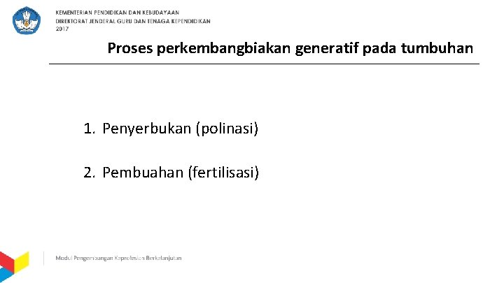 Proses perkembangbiakan generatif pada tumbuhan 1. Penyerbukan (polinasi) 2. Pembuahan (fertilisasi) 