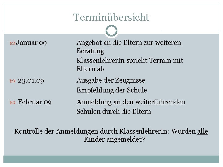 Terminübersicht Januar 09 Angebot an die Eltern zur weiteren Beratung Klassenlehrer. In spricht Termin